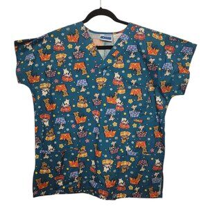MHD Scrubs Teal Dog Floral Print Scrubs Top Size M 10/12